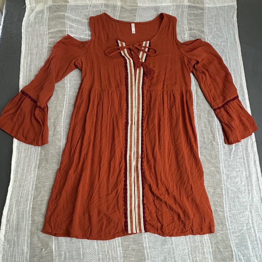 Xhilaration Dress Womens‎ XXL Orange Cold Shoulder Boho Bell Sleeve Tassel Trim